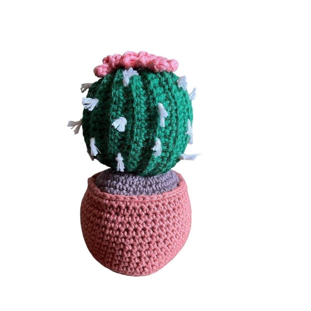Handmade Crochet Ball Cactus with Pink Flowers Decorative Crocheted Plant Spikes